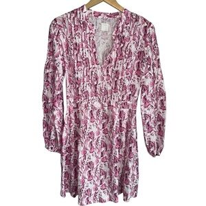 120% LINO |  Luxury Linen Long Sleeve Mini Dress | Pink+White Floral IT 40/Small